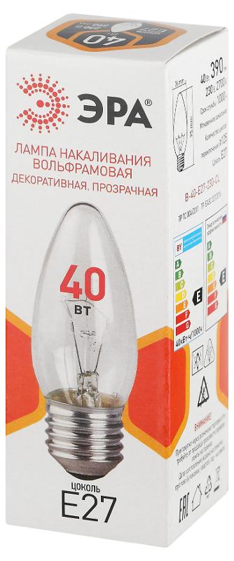 Лампа накаливания  B36 40Вт Е27 / E27 230В  свечка прозрачная | Б0066505 | ЭРА — миниатюра 2