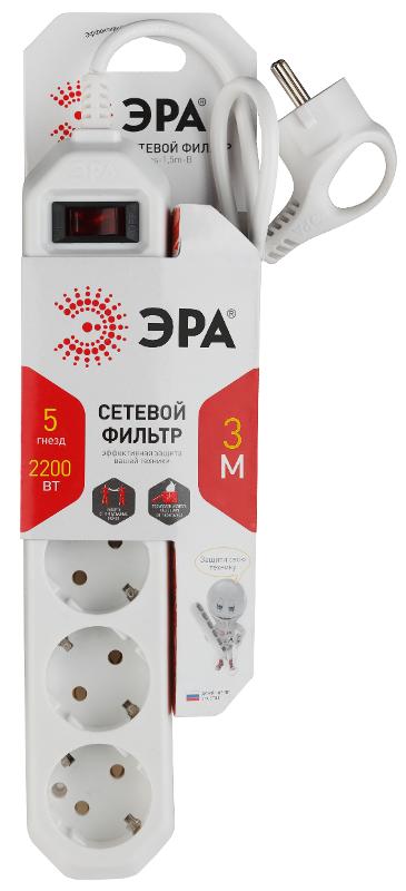Сетевой фильтр USF-5es-3m-W   (белый) с заземл, 3x0,75мм2, с выкл, 5гн, 3м (20/600) |Б0019033 | ЭРА — миниатюра 2