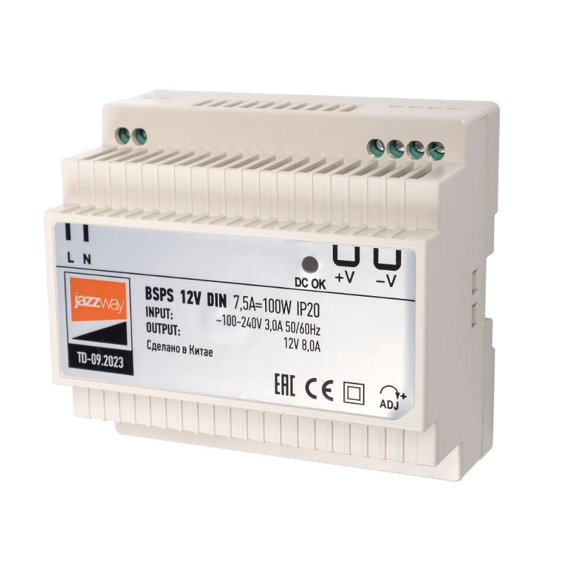 Драйвер для светодиодной ленты BSPS DIN 12V 7.5A=100w PL IP20 3г.гар  на DIN-рейку | .5049987 | Jazzway — Jazzway