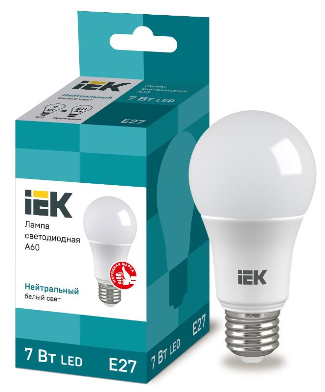 Лампа светодиодная LED 7Вт Е27 220В 4000К A60 груша | LLE-A60-7-230-40-E27 | IEK — IEK (ИЭК)
