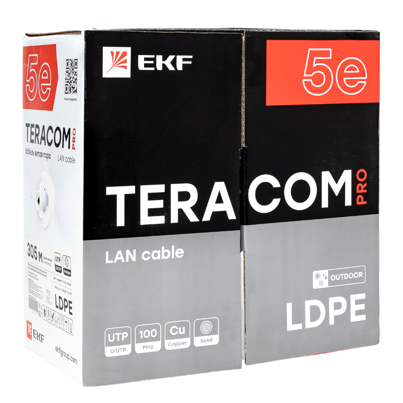 Кабель витая пара TERACOM PRO Cat.5E U/UTP 4 пары solid внешний 24AWG черный упак. 305м | TRP-5EUTP-04PE-BK-OUT3 | EKF — миниатюра 8