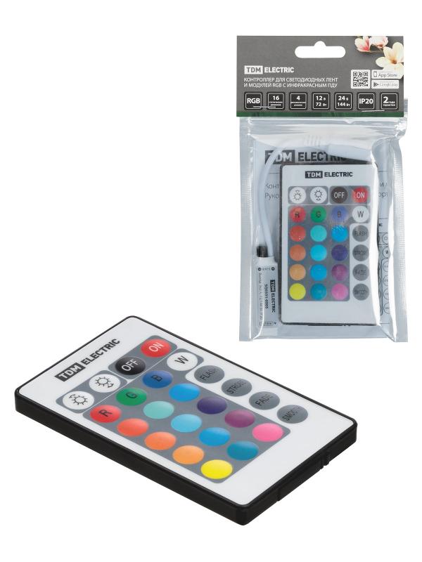 Контроллер для светодиодных лент и модулей RGB-IR-12В-6А-72Вт-IP20, 3 канала, пульт 24 кнопки | SQ0331-0505 | TDM — фото 1 | Sento