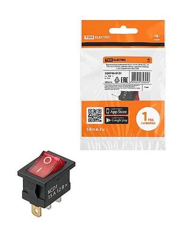 KCD1-101N 12В AC/DC, 1P, 15А, (3с), ON-OFF, черный корпус, крас.клавиша, LED подсв., Mini | SQ0746-0131 | TDM — TDM ELECTRIC