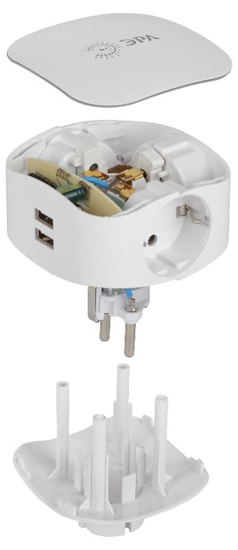 Тройник SP-3e-USB-2A  3гн 220V + 2xUSB 2000mA, c заземл, со шт (белый) (6/36/864) |Б0015243 | ЭРА — миниатюра 5