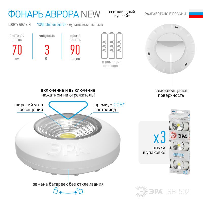 Светильник пушлайт (подсветка) 1хLED (COB) 3xAAA SB-502  Аврора белый (3 шт. в коробке) | Б0031041 | ЭРА — миниатюра 5