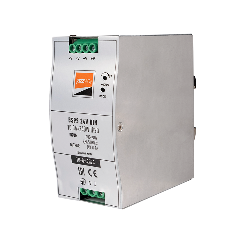 Драйвер для светодиодной ленты BSPS DIN 24V10.0A=240w IP20 AL 3г.гар  на DIN-рейку | .5050044 | Jazzway — миниатюра 1