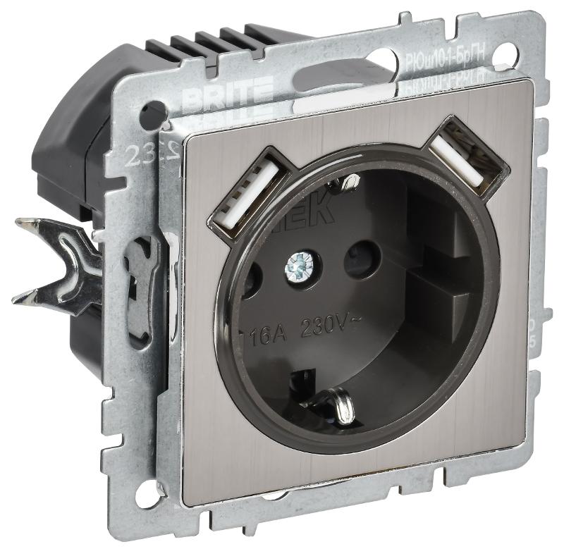 BRITE Роз. с з/к/ш 16А USB A+A 2,1А РЮш10-1-БрГН мет х/н  | BR-R14-16-U21-D21-M-K23 | ИЭК — IEK (ИЭК)