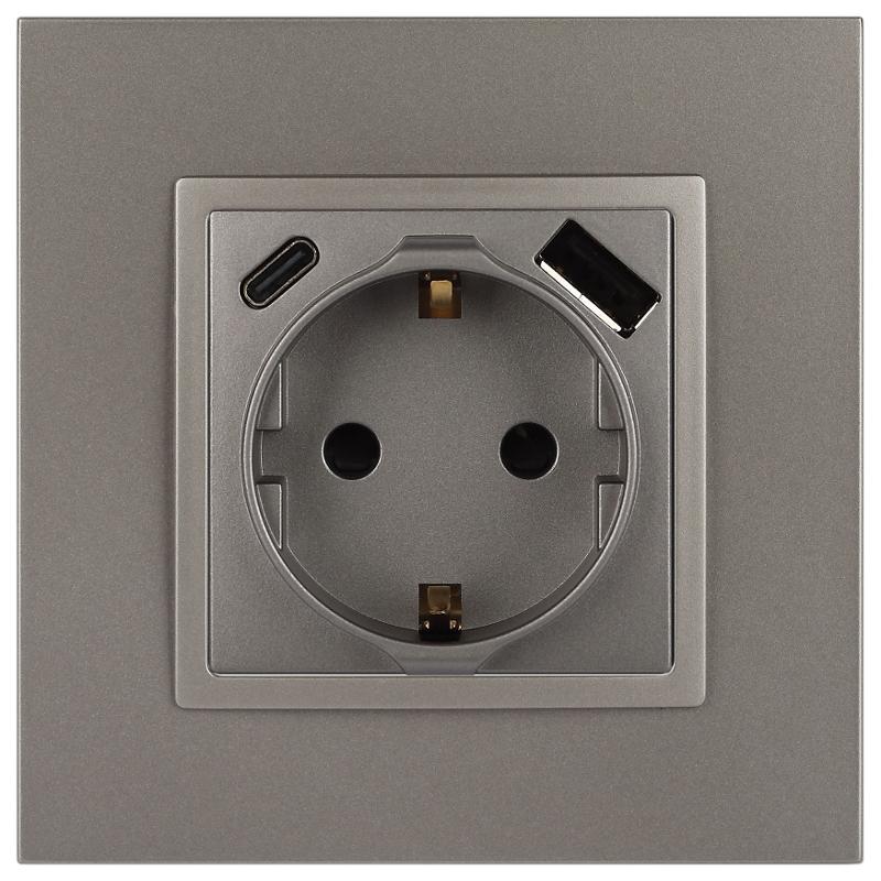 Розетка Elegance 14-4108-16 2P+E 16A-250В со шторками с USB type-A+C 5В-3А титан | Б0067695 | ЭРА — миниатюра 3