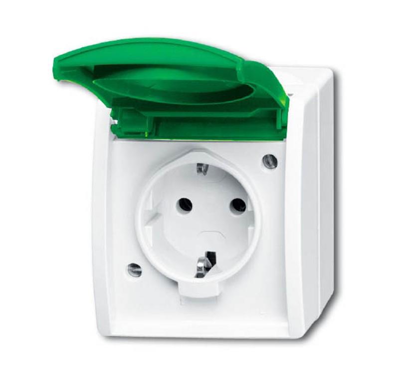 Розетка SCHUKO 16А 250В IP44 для открытого монтажа, c зелёной крышкой, серия ocean, цвет белый | 2083-0-0837  | 2CKA002083A0837 | ABB — ABB
