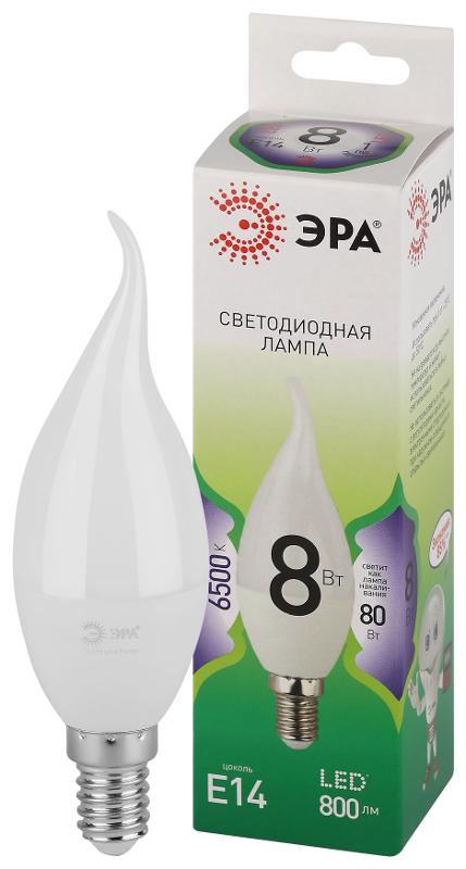 Лампа светодиодная  GREEN LINE LED BXS-8W-865-E14 GL E14 8 Вт свеча на ветру холодный свет | Б0067138 | ЭРА — миниатюра 1