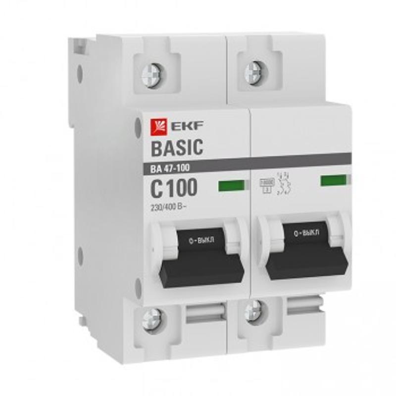Выключатель автоматический двухполюсный 2P 100А (C) 10kA ВА 47-100 EKF Basic | mcb47100-2-100C-bas | EKF — EKF