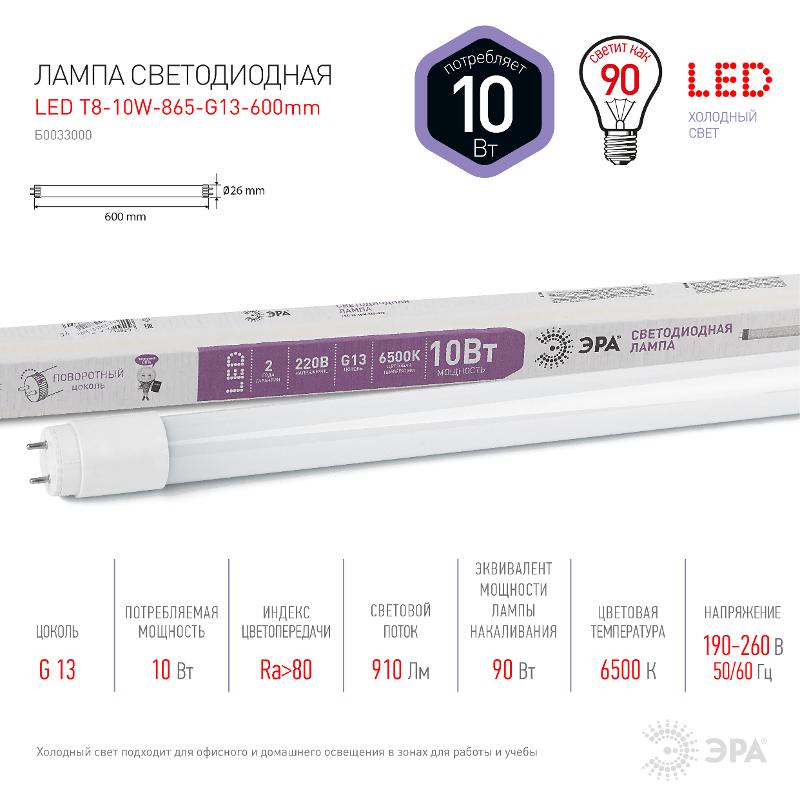 Лампа светодиодная STD LED T8-10W-865-G13-600mm G13 поворотный 10Вт трубка стекло 910Лм  | Б0033000 | ЭРА — миниатюра 5