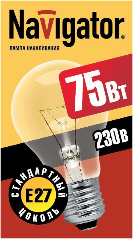 Лампа накаливания ЛОН  75Вт Е27 230В NI-A-75-230-E27-CL | 94301 | Navigator — миниатюра 2