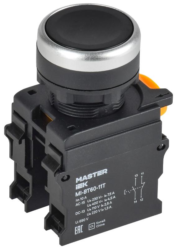 Кнопка с фиксацией d=22мм 1NO+1NC чёрная MASTER | MI-BT60-11T-3-21-K02 | IEK — IEK (ИЭК)