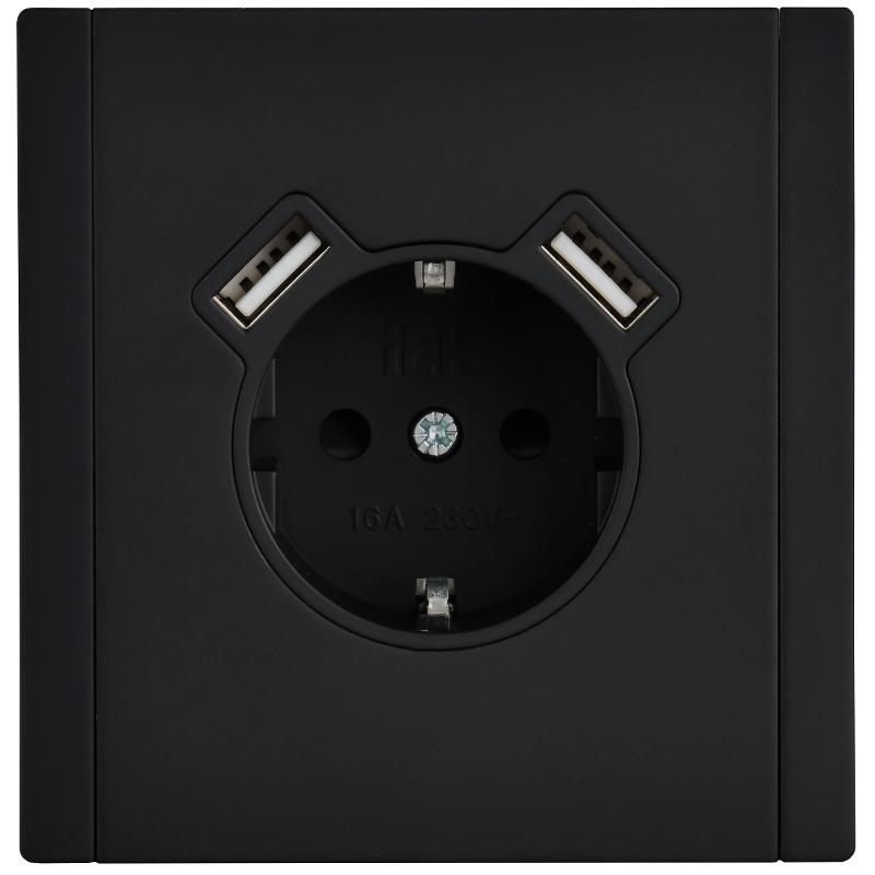 FORTE&PIANO Розетка с заземлением со шторками в/к 16А USB A+A 3,1А FP145M черный  | FP-R14-16-U21-D31-M-K02 | IEK — миниатюра 2