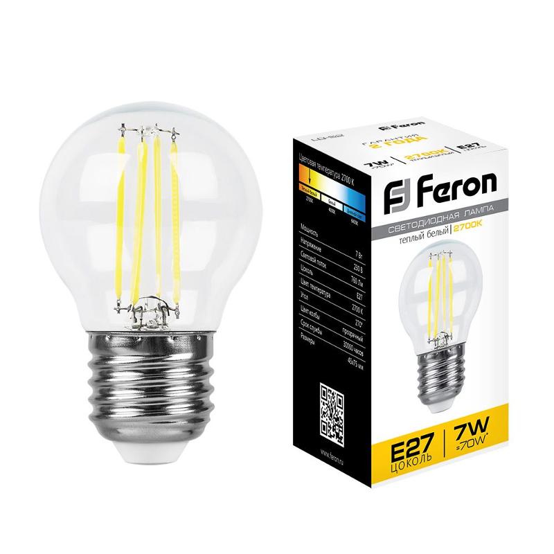 Лампа светодиодная LB-52 (7W) 230V E27 2700K филамент G45 прозрачная | 25876 | FERON — фото 1 | Sento