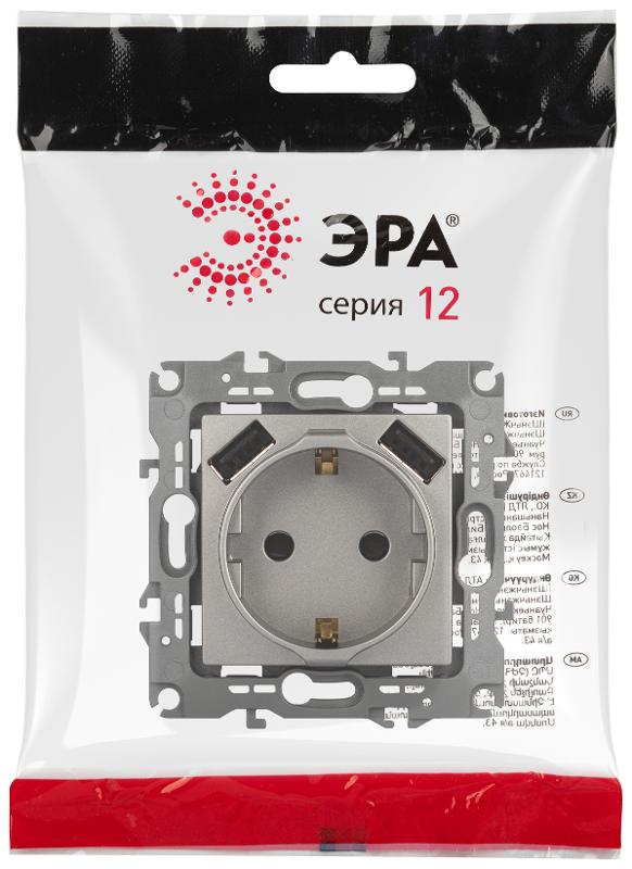 Розетка ЭРА Серия 12 12-4109-16 , 2P+E 16A-250В, штор. с 2xUSB 5В-3А, титан  | Б0065729 | ЭРА — миниатюра 2