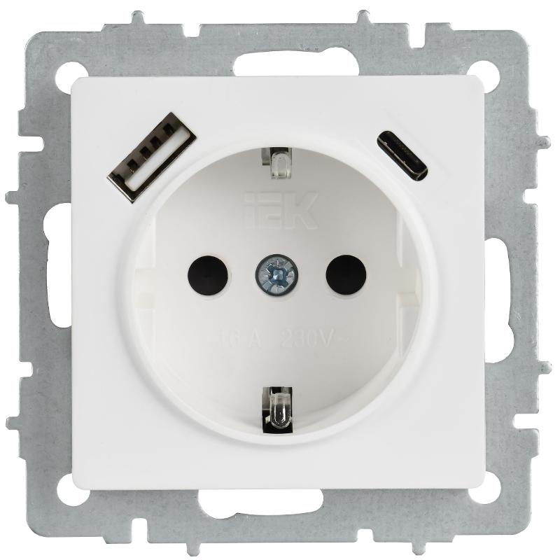 BRITE Розетка 1-местная с заземлением с защитными шторками 16А с USB A+C 18Вт РЮш11-1-БрАБ арктический белый  | BR-R14-16-U22-018-K91 | IEK — миниатюра 2