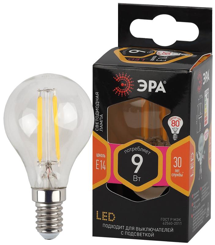 Лампа светодиодная F-LED P45-9w-827-E14 (филамент, шар, 9Вт, тепл, E14) | Б0047020 | ЭРА — миниатюра 1