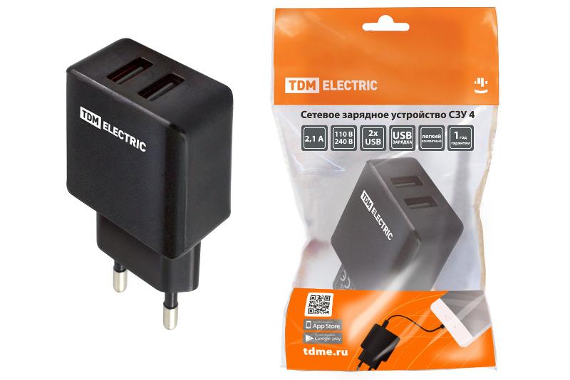 Сетевое зарядное устройство, СЗУ 4, 2,1 А, 2 USB, черный, | SQ1810-0021 | TDM — фото 1 | Sento