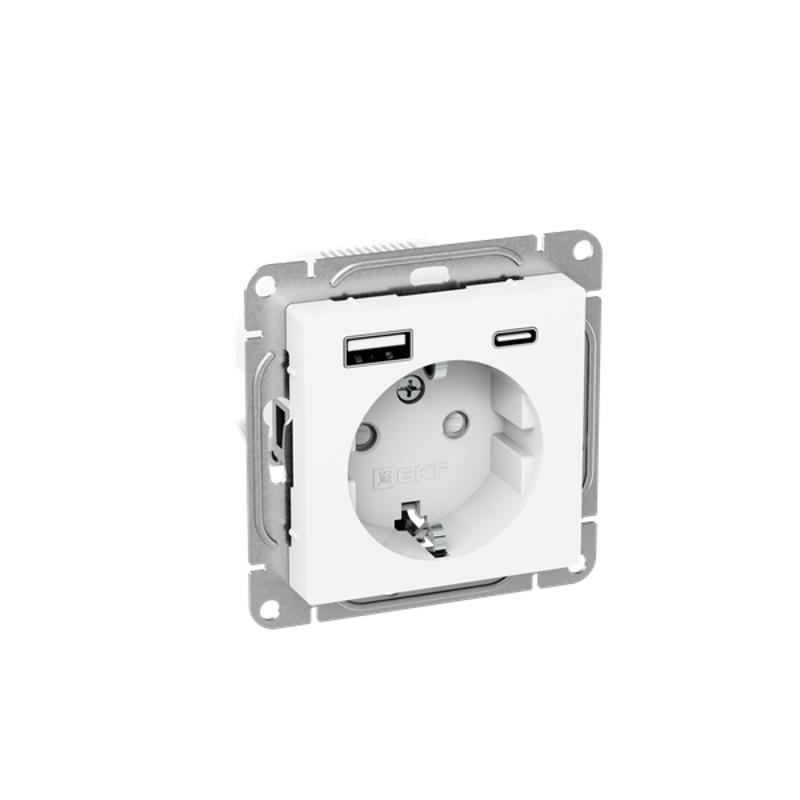 Механизм розетки с USB-A+С - 2шт, 16А, с заземлением, со шторками, белый Эпика | UP1-SOW-111-USBA+USBC | EKF — миниатюра 2