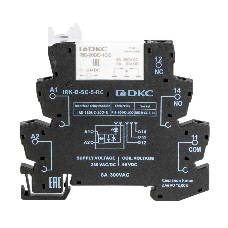 Реле интерфейсное, 1CO, ком. ток 6А, AgSnO₂, напряжение 230V AC/DC, RC- цепь, винтовые клеммы. | IRK-230UC-1CO-R | DKC — DKC (ДКС)