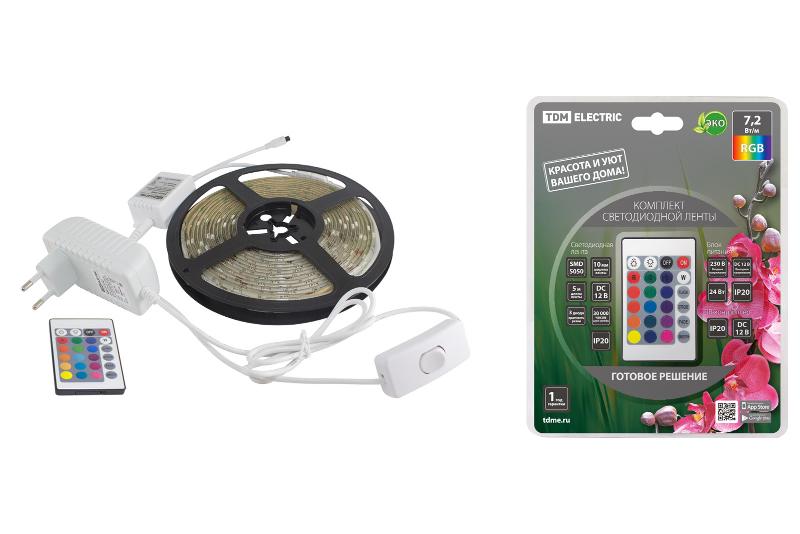 Комплект светодиодной ленты SMD5050-30 LED/м-12 В-7,2 Вт/м-IP20-RGB (5 м), 24 Вт, IR-контроллер  | SQ0331-0226 | TDM — фото 1 | Sento