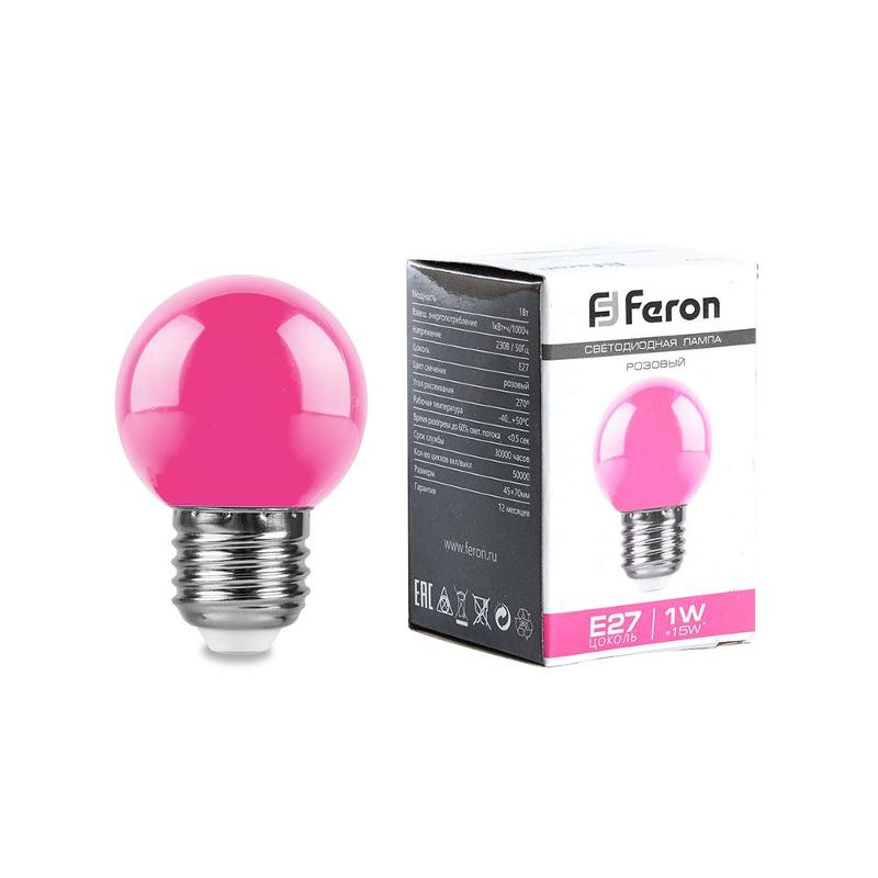 Лампа светодиодная LB-37 (1W) 230V E27 розовый для белт лайта G45 | 38123 | Feron — Feron