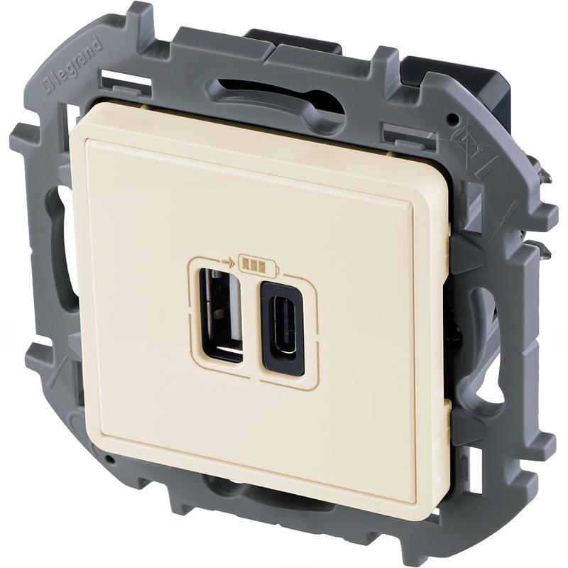 Inspiria Слоновая кость Устройство зарядное 2 местное с USB-разьемами A-C 240В/5В 3000мА С/У без рамки — миниатюра 3