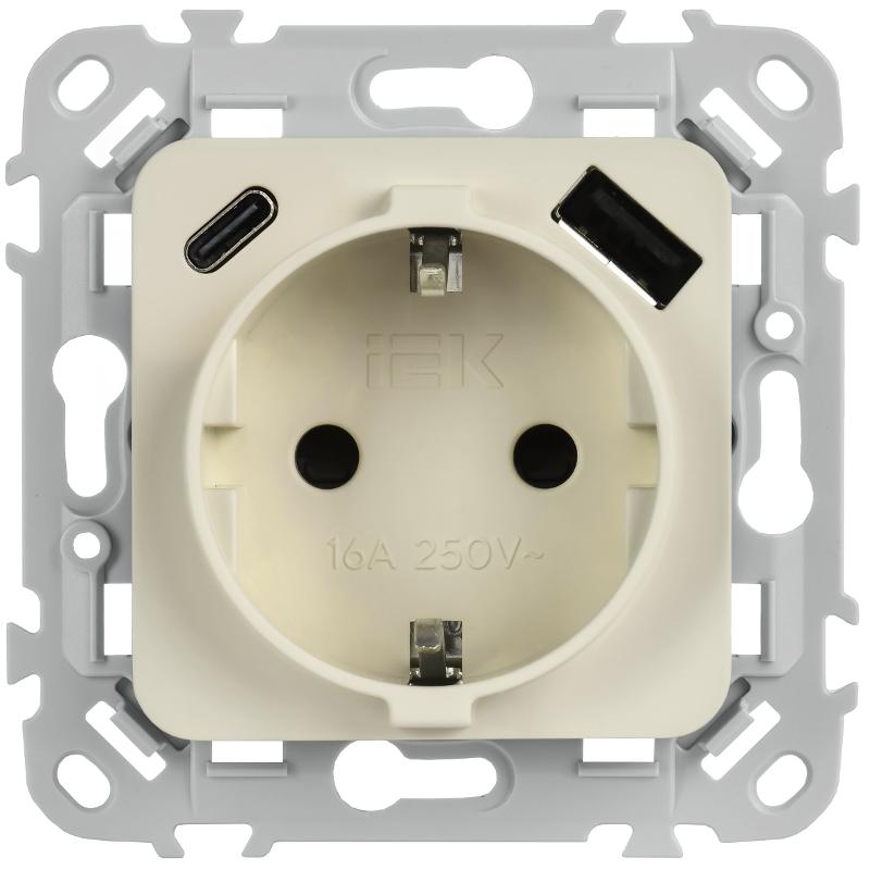 FLITE Розетка с заземлением со шторками 16А с USB A+C 20Вт быстрозажимные клеммы РСЮшс11-1-ФлСл сливочный | FI-R14-16-1-U22-020-K86 | IEK — миниатюра 2