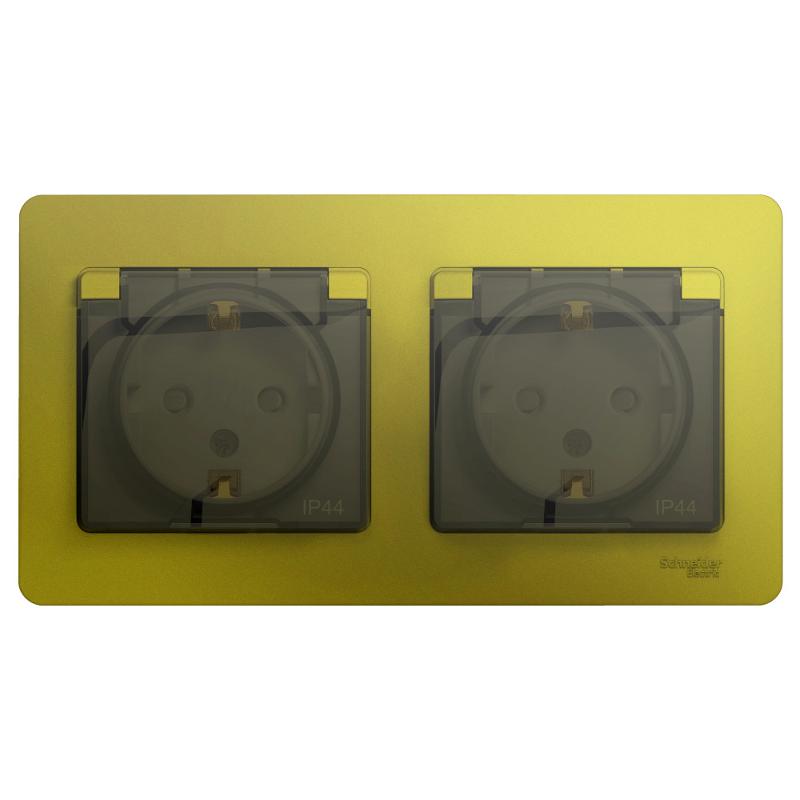 Glossa Фисташковый Розетка 2-ая с з/к, со шторками (в сборе), IP44 | GSL001047 | SE — Systeme Electric