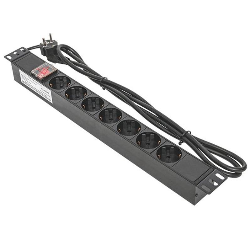 Блок розеток PDU TERACOM 19" 1U 16А/250В 7 розеток Schuko 2 метра 3x1,5 мм2 вилка Schuko | TRC-HPD-LS-16A-7SH-2MSH | EKF — миниатюра 1
