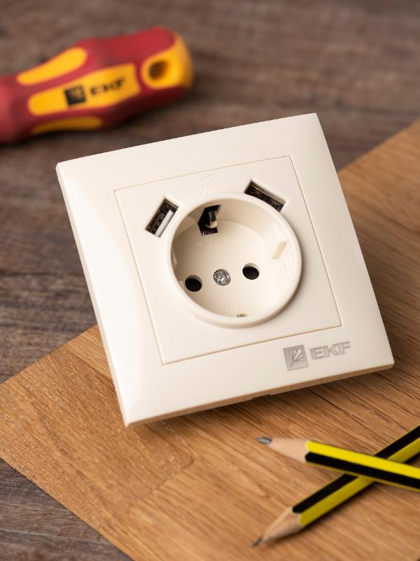 Валенсия розетка 1-местная с/з 16А кремовая с защ. штор. с 2 USB 2,1А EKF PROxima |  EWR16-028-20-2USB |  EKF — миниатюра 6