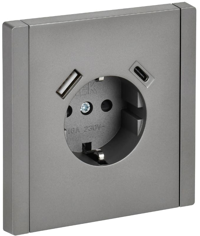 FORTE&PIANO Розетка с заземлением, со шторками в/к 16А USB A+C 18Вт FP547 сталь | FP-R14-16-U22-018-K46 | IEK — IEK (ИЭК)