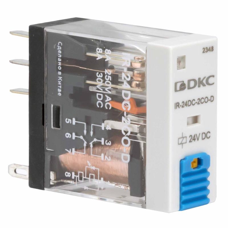 Реле миниатюрное промышленное, 2CO, ком. ток 8А, AgSnO2, напряжение 12V DC, опция: тест-кнопка+светодиод+защитный диод | IR-12DC-2CO-D | DKC — DKC (ДКС)