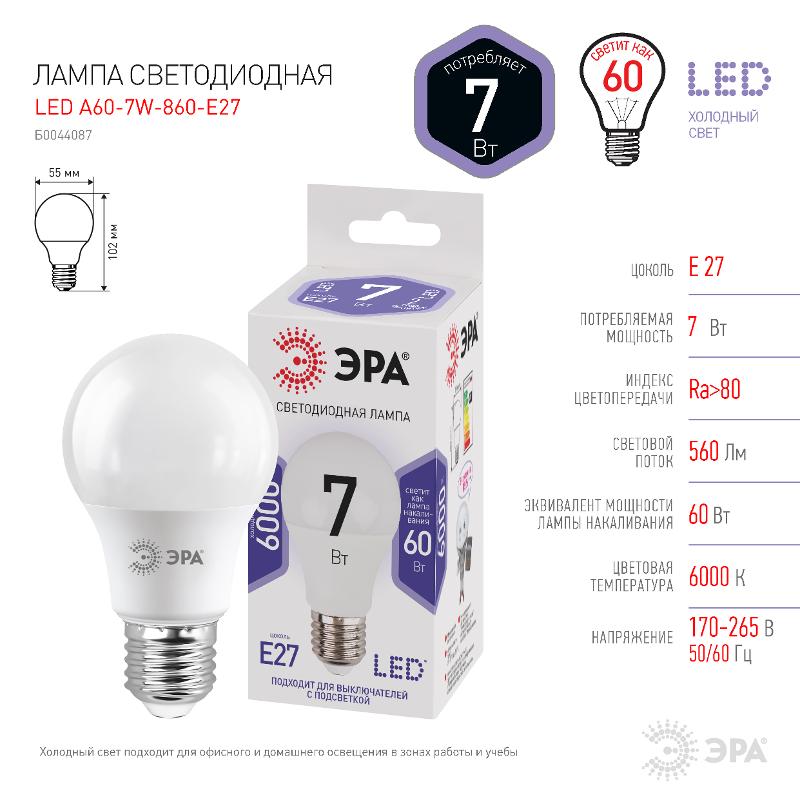Лампа светодиодная СТАНДАРТ LED A60-7W-860-E27 (диод, груша, 7Вт, хол, E27) | Б0044087 | ЭРА — миниатюра 4