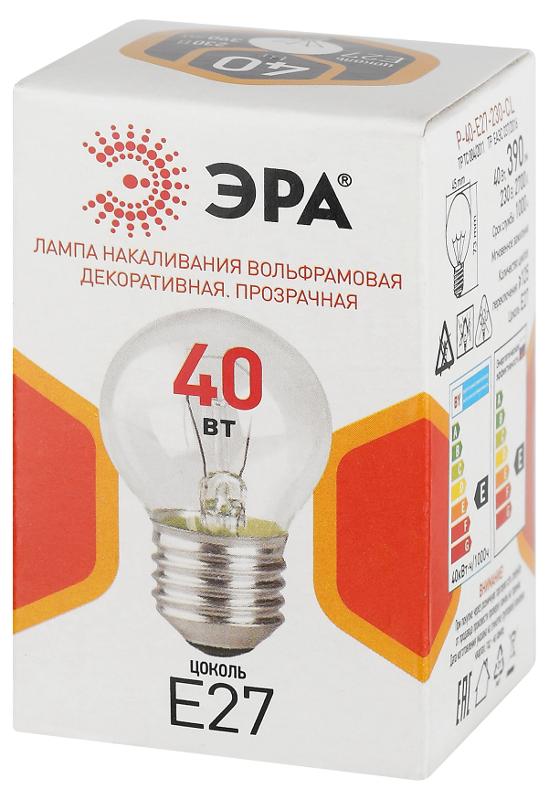 Лампа накаливания  P45 40Вт Е27 / E27 230В  шар прозрачный | Б0066568 | ЭРА — миниатюра 2