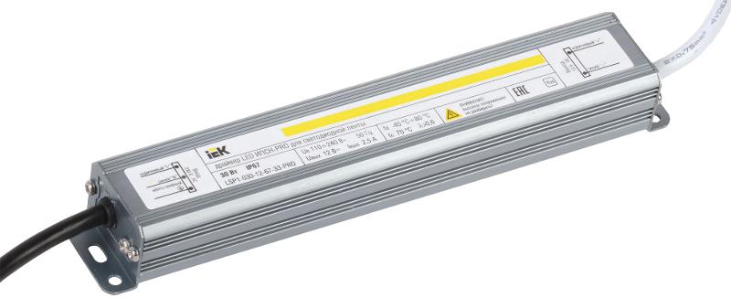 Драйвер для светодиодных лент LED ИПСН-PRO 30Вт 12В IP67 блок-шнуры | LSP1-030-12-67-33-PRO | IEK — миниатюра 1