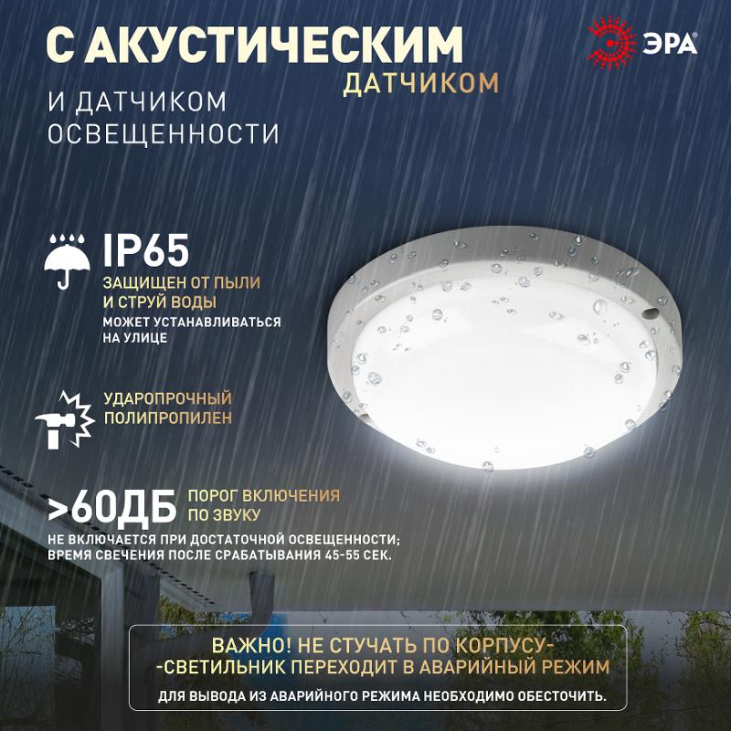 Светильник светодиодный пылевлагозащищенный для ЖКХ SPB-201-2-65К-008 IP65 8Вт 760Лм 6500К опт-ак датчик движения | Б0047635 | ЭРА — миниатюра 3