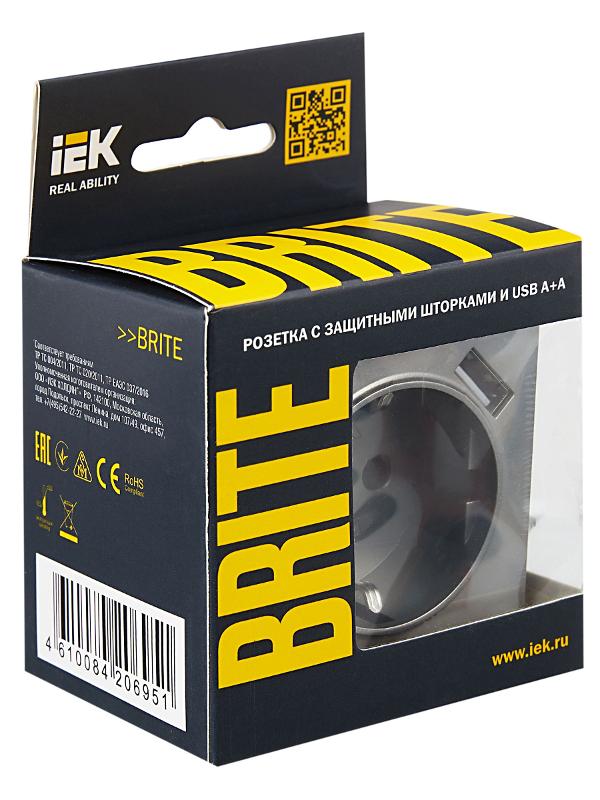 BRITE Розетка с заземлением со шторками 16А с USB A+A 2,1А РЮш10-1-БрС сталь | BR-R14-16-U21-D21-K46 | IEK — миниатюра 7