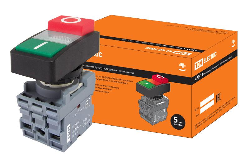 Кнопка двойная MPD13-11С (зеленая/красная-выступающая) (LED) d22мм/220В (I/O)  линза прозрачная | SQ0747-0038 | TDM — TDM ELECTRIC