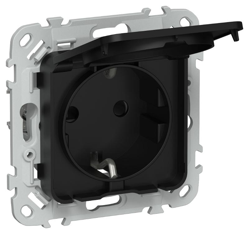 FLITE Розетка с заземлением со шторками с крышкой быстрозажимные клеммы 16А IP44 РСшкр11-1-44-ФлЧ черный | FI-R16-16-1-44-K02 | IEK — IEK (ИЭК)