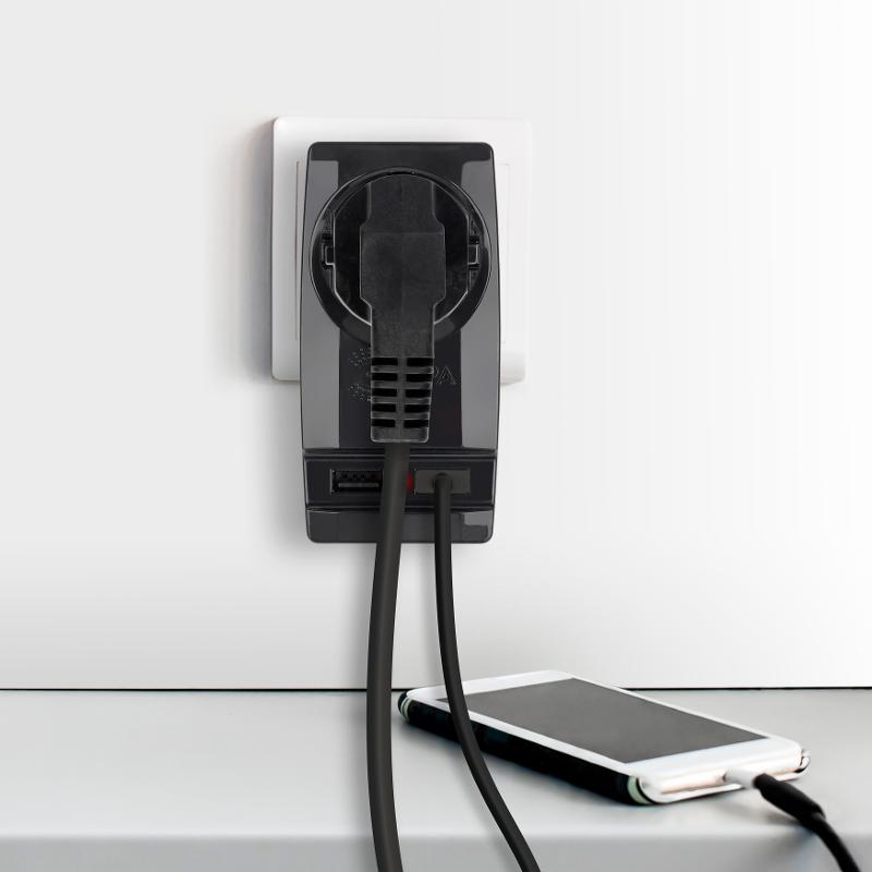 Адаптер SP-1e-USB-B "Polynom" 1гн 220V + 2xUSB 2100mA, c заземл, (черный) | Б0026333 | ЭРА — миниатюра 4
