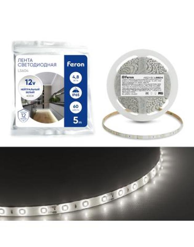 Лента светодиодная, 60SMD(2835)/m 4.8W/m 12V IP65 5m, 4000К, LS604 FERON | 48219 | FERON — Feron