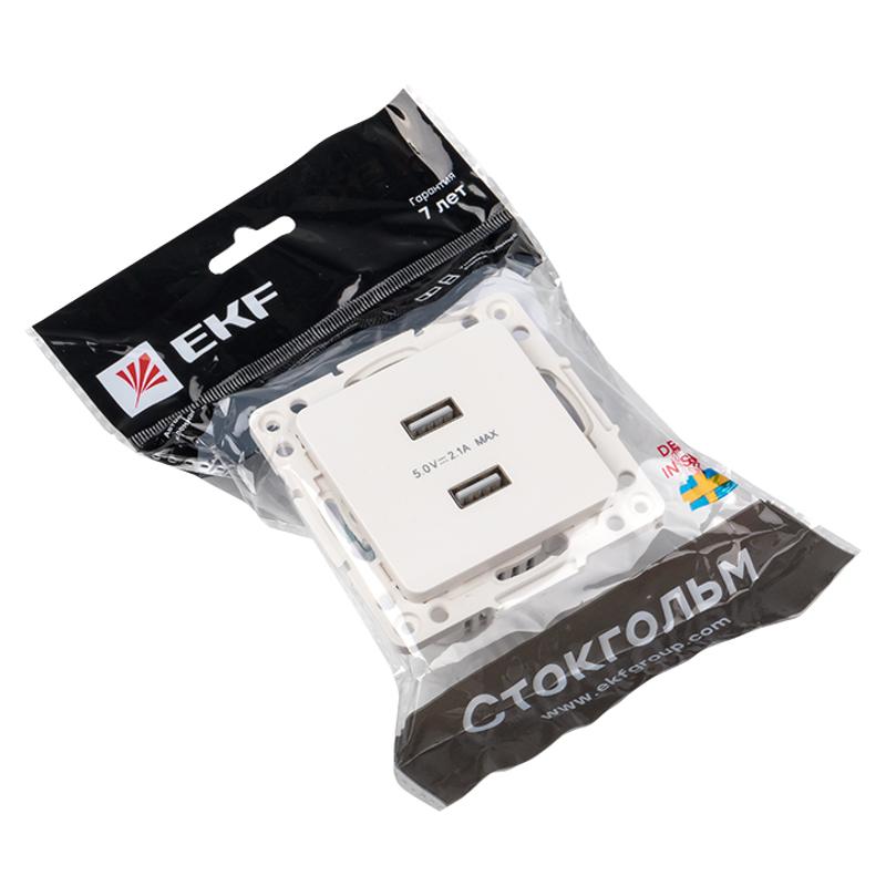 Стокгольм Механизм Розетки USB 2-местной 2,1А белый PROxima | EYR16-028-10-2USB | EKF — миниатюра 5