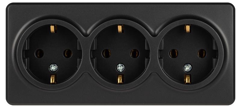 Розетка ЭРА Эксперт 11-2208-05 тройная с заземлением 3х2P+E Schuko, IP20, 16A-250В, ОУ, Антрацит | Б0063007 | ЭРА — миниатюра 3