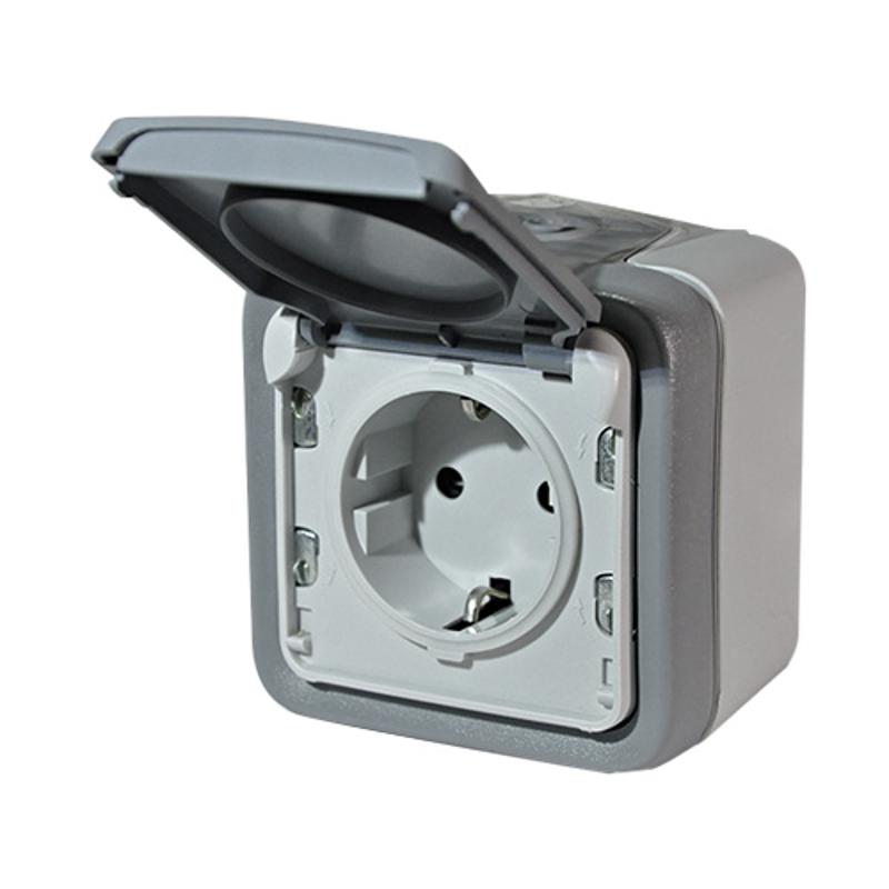 Plexo Серый Розетка с/з с крышкой винт. зажим наружный монтаж 16А (в сборе) IP55 — миниатюра 2