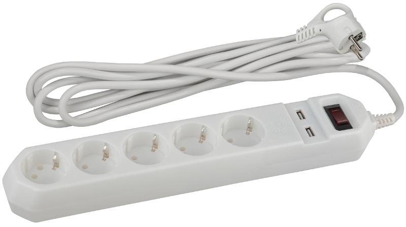 Сетевой фильтр USF-5es-1.5m-USB-W   (белый) с заземл, 3x0,75мм2, с выкл, 5гн+2USB, 1.5м (20/600) |Б0019037 | ЭРА — ЭРА (Энергия света)