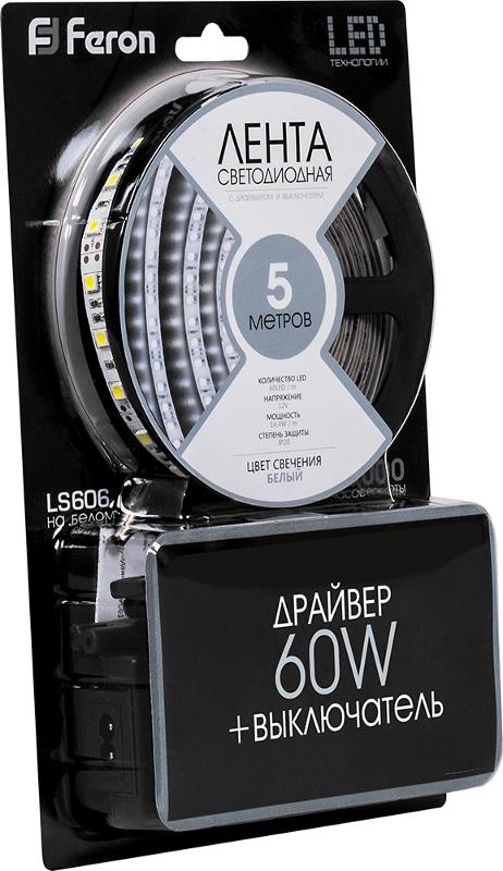 Лента светодиодная LS606 с драйвером 60Вт 60SMD(5050)/м 14.4Вт/м 12V 3000*10*2,32мм 6500К | 27720 | FERON — миниатюра 2
