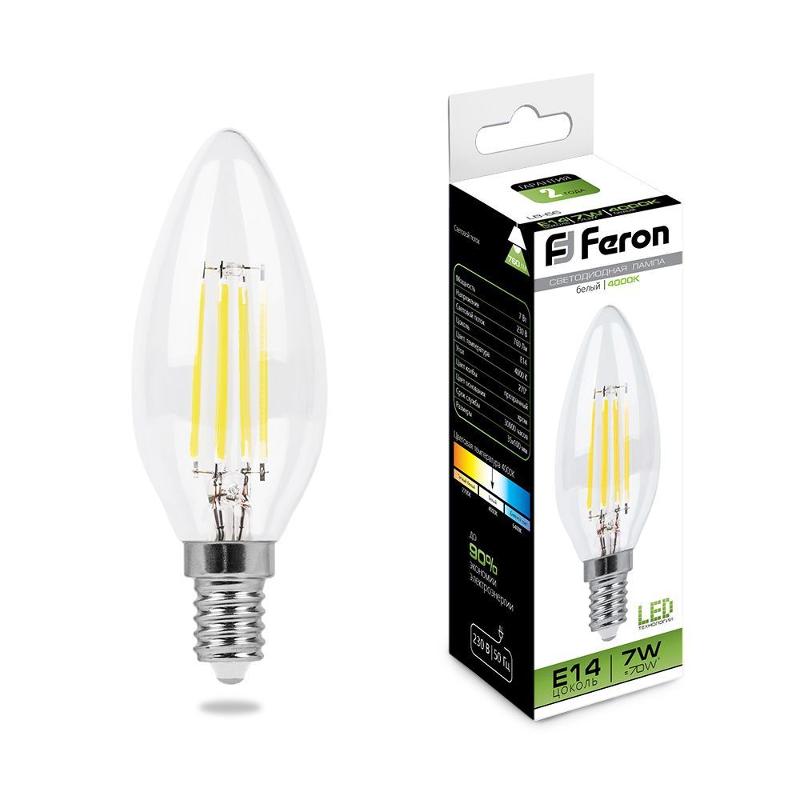 Лампа светодиодная LB-66 (7W) 230V E14 4000K филамент C35 прозрачная | 25780 | FERON — миниатюра 1
